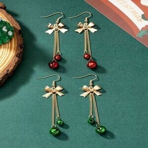 Christmas Earrings Set of 2 Pairs: Bow & Jingle Bell Dangle Holiday Jewelry
